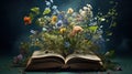 An open book with a bunch of flowers on top of it