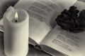 An open book with a candle. on the pages is a Bud of dried rose. Royalty Free Stock Photo