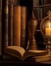 open book with candle in vintage bookstore illustration Royalty Free Stock Photo