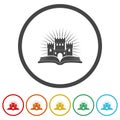 Open book with castle logo. Set icons in color circle buttons Royalty Free Stock Photo