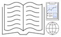 Open Book, Clipboard with Data Graphs, and Globe Symbol Knowledge, Research, and Global Education Royalty Free Stock Photo