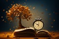 Open book with clock on top of it and falling leaves. Generative AI