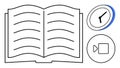 Open book with clock and video play button representing time-efficient learning and multimedia study Royalty Free Stock Photo