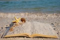 Open book sand seashells sea star beach sea shore blue sky white wave summer weekend vacation Royalty Free Stock Photo