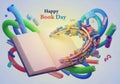 Transparent background happy book day celebration with an open book and colorful abstract elements symbolizing imagination and Royalty Free Stock Photo