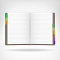 Open book with colorful bookmarks aside isolated