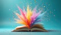Open book with colorful explosion of powder on blue background. Creative concept about education knowledge and idea generation. Royalty Free Stock Photo