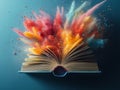 Open book with colorful explosion splash. Concept of a successful start up of a business. Innovative idea. Generative Royalty Free Stock Photo
