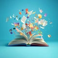 Open Book With Colorful Flying Pages, Confetti, and Geometry Figures on Blue Background Royalty Free Stock Photo
