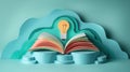 Open book with colorful pages and paper light bulb symbolizing creativity and knowledge on abstract blue background Generative AI Royalty Free Stock Photo