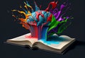 Open book with colorful paint splashes humain brain . 3D illustration generative ai Royalty Free Stock Photo