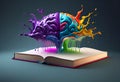 Open book with colorful paint splashes humain brain . 3D illustration generative ai Royalty Free Stock Photo