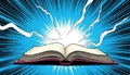 Open book in comic style with lightning and halftone dots. Education, reading, imagination, learning, knowledge, school concept. Royalty Free Stock Photo