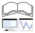 Open Book, Computer Screen with Graph, and Analytics Chart Representing Knowledge and Data Analysis