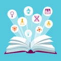 Open book concepr with education icons. Illustration for schools and educational institutions