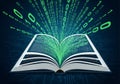 An open book on a dark blue digital-themed background features binary code (ones and zeros) Royalty Free Stock Photo