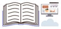 Open Book and Data Analytics Display on Computer Monitor Representing Traditional and Digital Knowledge Sharing Royalty Free Stock Photo
