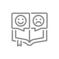 Open book with different emotions line icon. Positive and negative emoji, reader review symbol