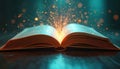 Open book with digital transformation elements. Glowing light bursts from pages knowledge, innovation. Represents future Royalty Free Stock Photo