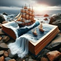 An open book with 3 dimensional photo of a sailing ship on a rocky shore, the waves spilling from the open pages of the book