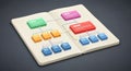 Open book displaying a colorful flowchart. Rectangular blocks in green, pink, red, Royalty Free Stock Photo