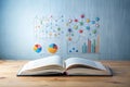 Open book displaying insightful data visualizations, showcasing various chart types and network diagrams, symbolizing knowledge Royalty Free Stock Photo