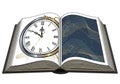 An open book displays a large, ornate clock embedded within its left page. The clock features Roman Royalty Free Stock Photo