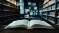 Open book displays virtual media within library setting. Digital publishing merges storytelling, tech. Images float above pages.