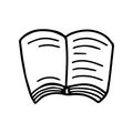 Open book in doodle style isolated on white background. Sign icon. Vector outline illustration. Usable as icon or symbol.