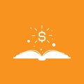 Open book with dots, stars and dollar sign flying out isolated on orange background Royalty Free Stock Photo