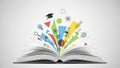 Open Book with Educational Symbols and Creative Elements Bursting Out Royalty Free Stock Photo