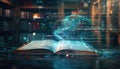 An open book emanating digital data in a modern library setting at night Royalty Free Stock Photo