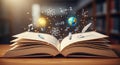 Open book emanating knowledge, symbols of science, math, music, and creativity illuminating a library background Royalty Free Stock Photo