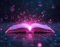 Open book emits bright pink light particles and bubbles. Futuristic glowing pages reveal digital information, data, and Royalty Free Stock Photo
