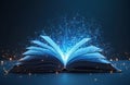 Open book emits glowing connections. Knowledge spreads like network. Tech future concept. Digital learning modern artwork. Royalty Free Stock Photo