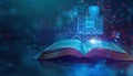 Open book with glowing digital elements and data visualization in a dark setting Royalty Free Stock Photo