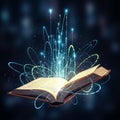 Open book emits glowing light and digital data streams, depicted in a Royalty Free Stock Photo