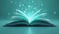 Open book emits glowing light and digital particles. Knowledge and data fly from pages into abstract space. Concepts of learning Royalty Free Stock Photo