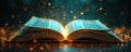 Open book emits glowing particles and abstract data network. Wisdom, knowledge, and futuristic digital concepts emerge from Royalty Free Stock Photo