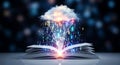 Open book emitting digital data stream and cloud computing concept with bokeh background Royalty Free Stock Photo