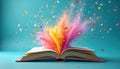 Open book erupts with colorful powder clouds and confetti. This represents learning, creativity, and new ideas exploding from Royalty Free Stock Photo