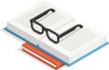 Open book with eyeglasses placed on top, providing an isometric perspective on the act of reading and studying