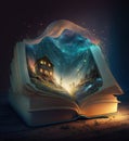Open book with fairtytale fantasy world of literature, generative ai Royalty Free Stock Photo