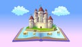 Open book with fairy castle and clouds. Vector illustration in cartoon style for kids. The concept of a children`s playroom,