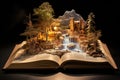 Open book with fairy tale forest on the background. Fantasy world, An open book with a story coming alive from its pages, AI Royalty Free Stock Photo