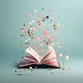 Open book and falling confetti on a solid background. New Year\'s party and celebra