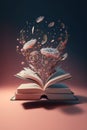Open book with fantastic levitation glowing colorful flowers splash
