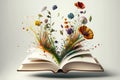 Open book with fantastic levitation glowing colorful flowers splash