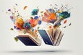 Open book with fantastic levitation glowing colorful flowers splash