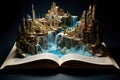 Open book with fantasy castle on black background. Fantasy world. Fairy tale, Fantasy world inside of the book, AI Generated Royalty Free Stock Photo